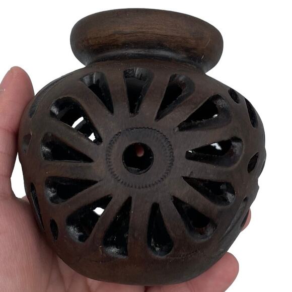 Hand engraved open work floral ceramic vase dark brown	small 3.5" - Picture 5 of 11